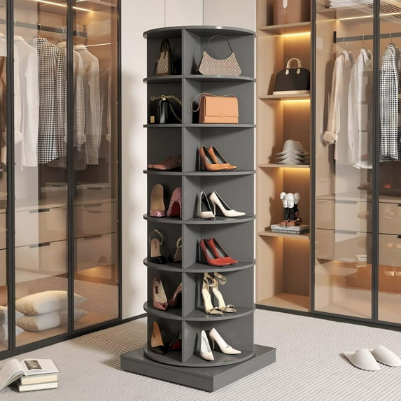 7-Tier Rotating Shoe Rack Tower 360, Free Standing Shoe Tower & Spinning Shoe Rack Tower Fit 28 Pairs of Shoes, Lazy Susan Rotating Shelf & Shoe Carousel for Entryway,Living Room (Gray, 7-Tier)