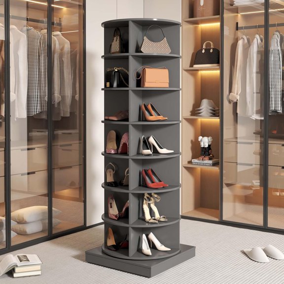 7-Tier Rotating Shoe Rack Tower 360, Free Standing Shoe Tower & Spinning Shoe Rack Tower Fit 28 Pairs of Shoes, Lazy Susan Rotating Shelf & Shoe Carousel for Entryway,Living Room (Gray, 7-Tier)