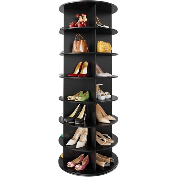 7 Tier Rotating Shoe Rack Tower 360 Spinning Shoe Display Lazy Susan Revolving Shoe Storage Round Carousel Vertical Organizer for Shoes Handbags Black
