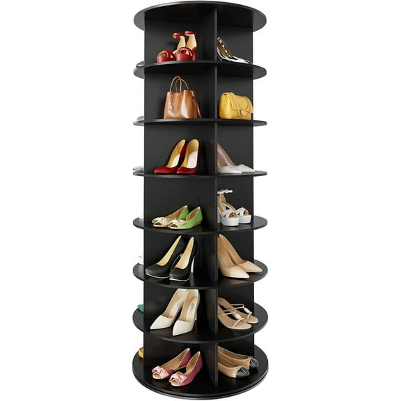 7 Tier Rotating Shoe Rack Tower 360 Spinning Shoe Display Lazy Susan Revolving Shoe Storage Round Carousel Vertical Organizer for Shoes Handbags Black