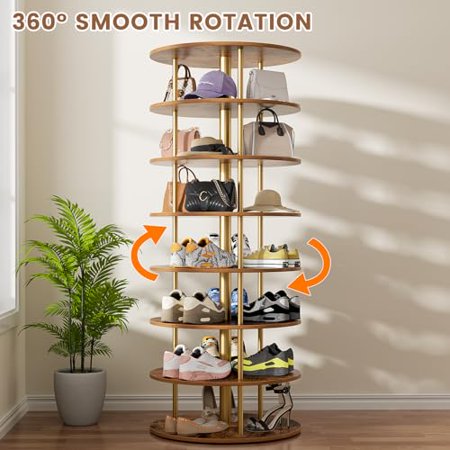 7-Tier Rotating Shoe Rack Tower with Anti-tip Fitting, 360 Spinning Rack with Steel Rods, Free Standing Round Shoe Rack, Lazy Susan Shoe Storage Organizer for Living Room (Rustic , 7-Tier)