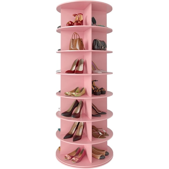 7 Tier Rotating Shoe Rack Tower Pink Spinning Shoe Display 360 Degree Revolving Shoe Storage Carousel for Closet Organization Vertical Handbag Holder