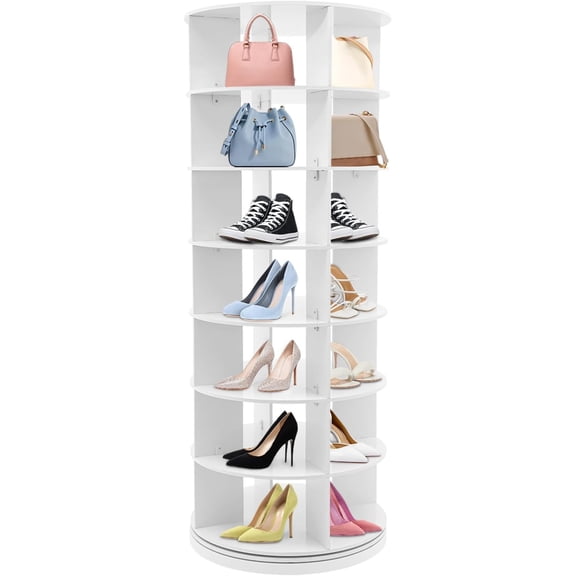 7 Tier Rotating Shoe Rack Tower, Spinning Shoe Display Lazy Susan,Free Standing 360° Shoe Rack Storage Round Carousel For Entryway, For Placing In Foyers, Garages, Hallways, Children'S Rooms (White)
