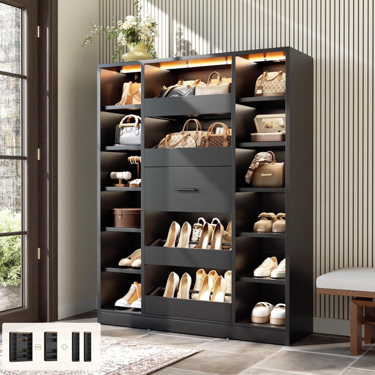 7-Tier Shoe Cabinet with 12 Shelves & 5 Drawers, 40''W Shoe Rack with LED Lights, Holds Up 30+ Pairs of Shoes, Multi-Functional Organizer Cabinet for Entryway/Hallway/Closet, Black