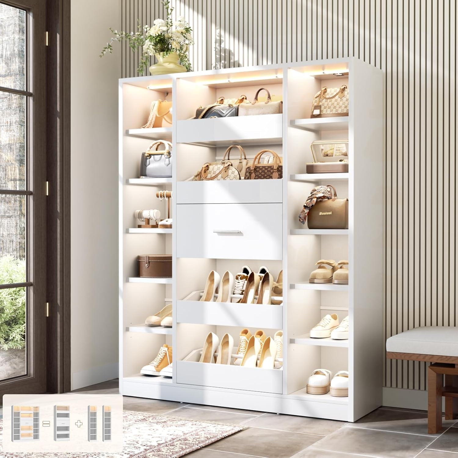 7-Tier Shoe Cabinet with 12 Shelves & 5 Drawers, 40''W Shoe Rack with LED Lights, Holds Up 30+ Pairs of Shoes, Multi-Functional Organizer Cabinet for Entryway/Hallway/Closet, White