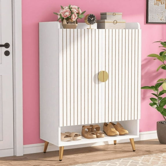 7-Tier Shoe Cabinet - 24-Pair Capacity, Adjustable Shelves, Grey Finish with Black Metal Accents, E0 Particle Board, for Entryway/Hallway