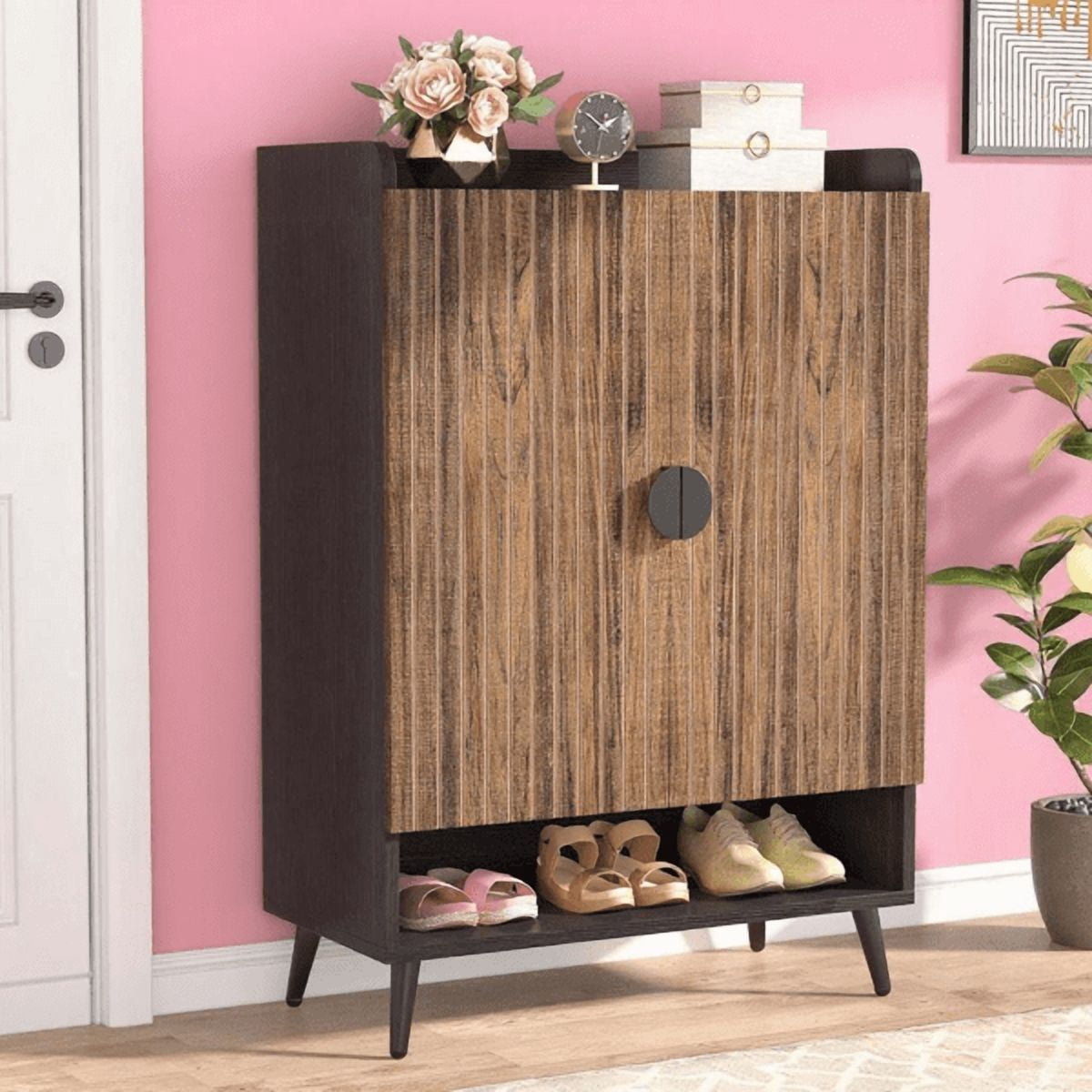 7-Tier Shoe Cabinet - 24-Pair Capacity, Adjustable Shelves, Grey Finish with Black Metal Accents, E0 Particle Board, for Entryway/Kitchen
