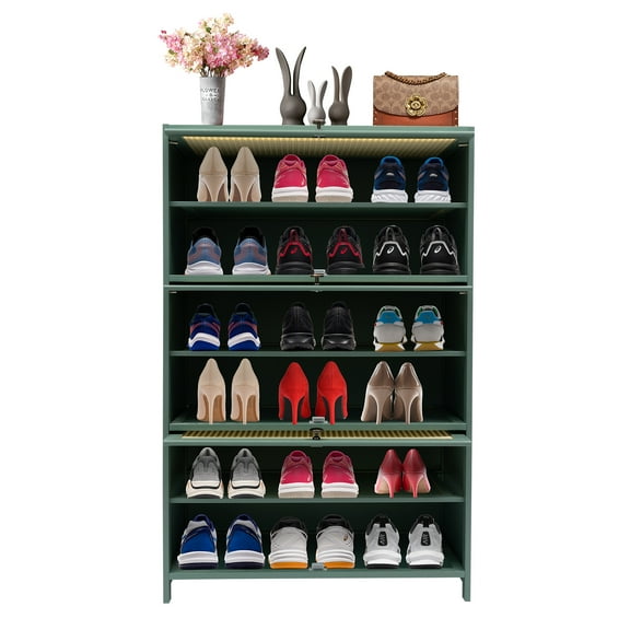 7 Tier Shoe Rack,Bamboo Shoe Cabinet Shoe Rack Storage Organizer with 3 Doors, Floor Mount Closet Shoe Shelve for Closet Corridor Hallway Living Room Green