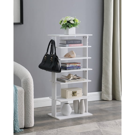 7-Tier Shoe Rack for Entryway - Holds 14 Pairs, Space Saving Vertical Organizer with Hooks, Easy Assembly,White