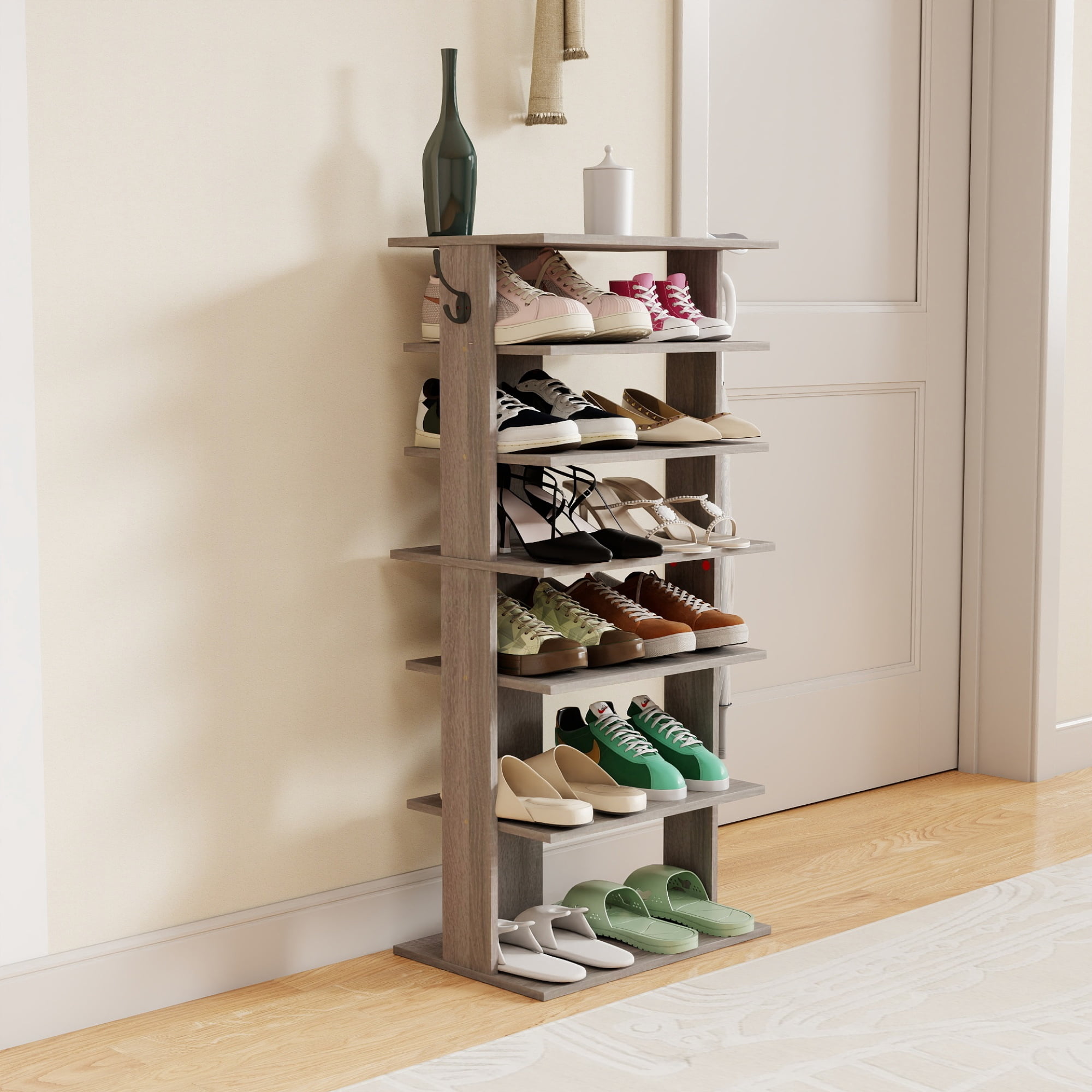 7 Tier Shoe Rack with Hook,Free Standing Shoe Rack,Sturdy Shoe Organizer Storage,Shoe Shelf for Closet,Entryway,Dorm,Garage,Gray