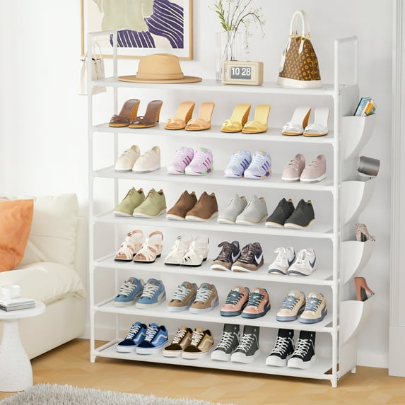 7 Tier Shoe Rack with Side Pocket and Hook, Long Shoes Rack Organizer Storage 28-35 Pairs, Shoe Shelf for Closet Entryway Shoe Holder Space Saving