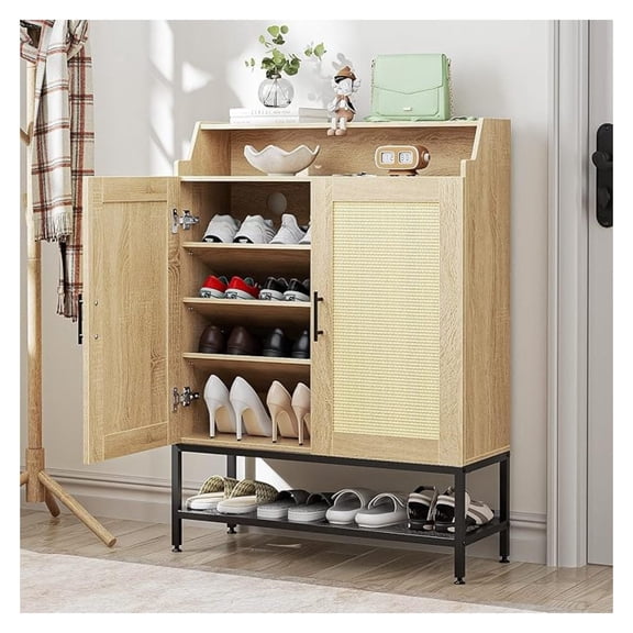 7-Tier Shoe Storage Cabinet with Rattan Doors, Shoe Rack Organizer Cabinet with Adjustable Shelves & Buffer Hinge, Freestanding Narrow shoe cabinet storage with Anti-tip Fitting for Entryway, Hallway