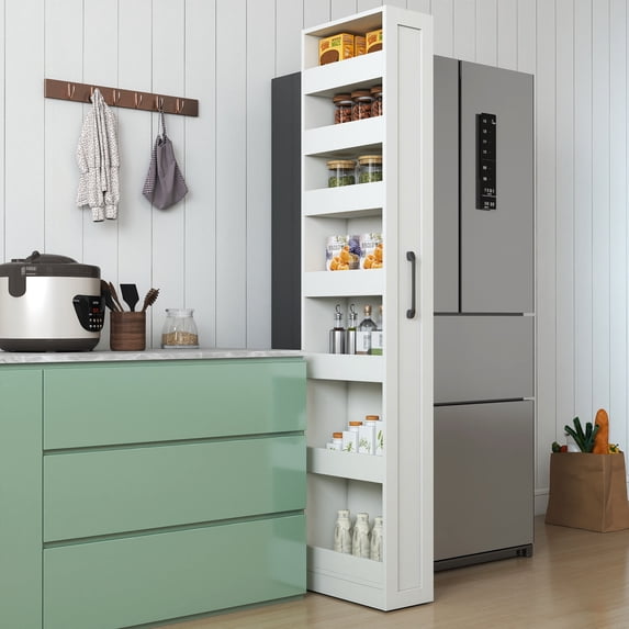 7-Tier Slim Pull-Out Storage Shelf, Multi-Functional Narrow Organizer with Handle for Kitchen, Pantry, Living Room, Next to Fridge, White