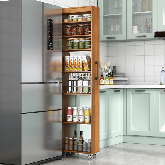 7-Tier Slim Pull-Out Storage Shelf Rolling Utility Cart for Narrow Kitchen Spaces, Oak