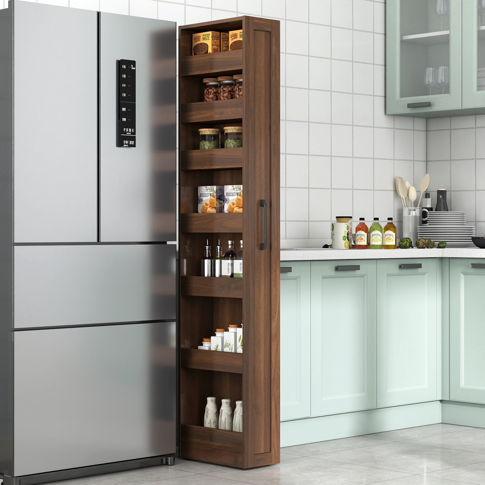 7-Tier Slim Pull-Out Storage Shelf Rolling Utility Cart for Narrow Kitchen Spaces, Walnut
