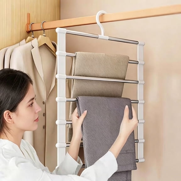7 Tier Space Saving Pants Hanger Rack, Multi-Layer Metal Trouser Organizer, Heavy Duty Closet Storage Holder for Jeans Skirts Slacks Towels Bedroom Wardrobe Organization