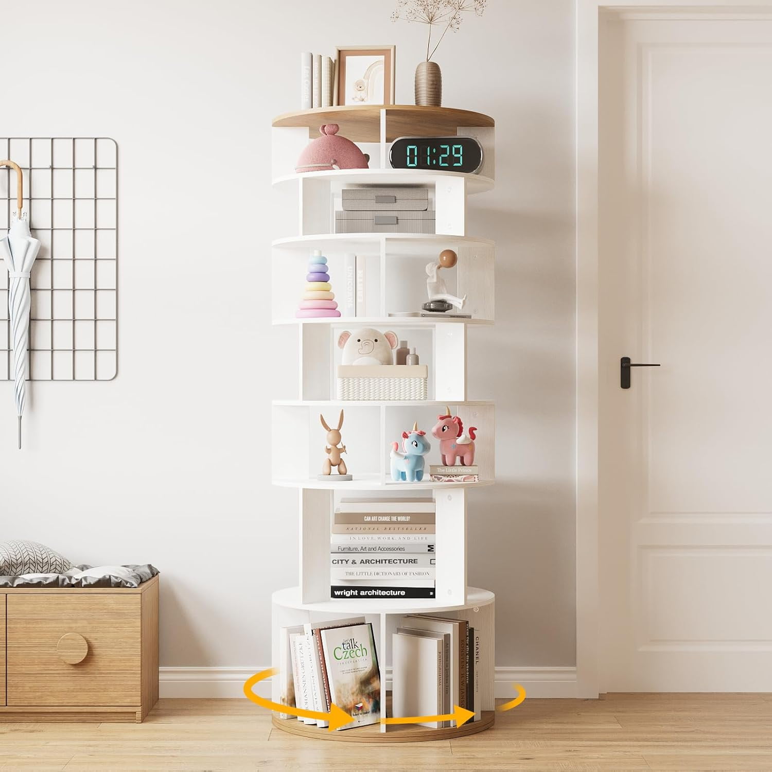 7 Tier Spinning Corner Shelf 360 Degree Rotation Display Shelf Adjustable Height Freely Assembled Rotating Bookshelf for Living Room Entryway