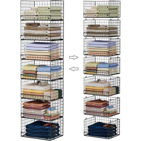 7-Tier Stackable Closet Organizers and Storage Shelves, Foldable Closet Shelf Organizer System, Stackable Storage Bins Drawers for Closet Organizer System, Black(Patent Pending)