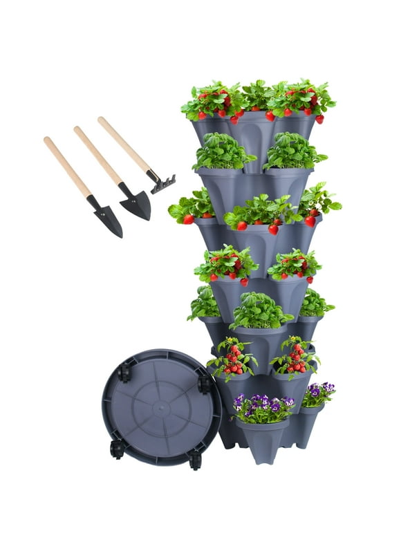 7 Tier Stackable Strawberry, Herb, Flower, and Vegetable Planter - Vertical Garden Indoor/Outdoor(Dark Gray)