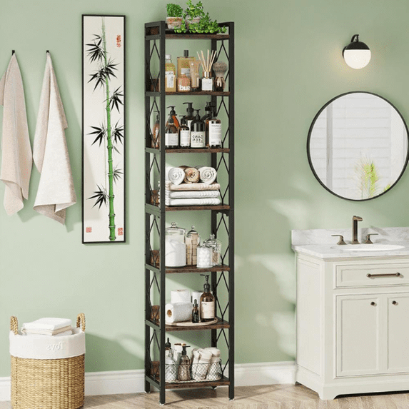 7-Tier Tall Corner Bookshelf, Slim Narrow Storage Shelf with Metal ...