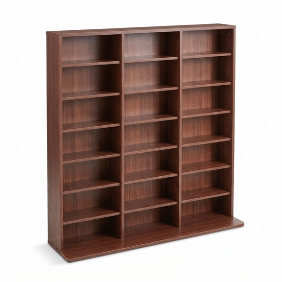7-Tier Tall Media Storage Cabinet with 21-33 Adjustable Compartments for CDs DVDs Blu-ray Manga - Slim Narrow Floor Standing Corner Bookshelf for Home Office - Walnut