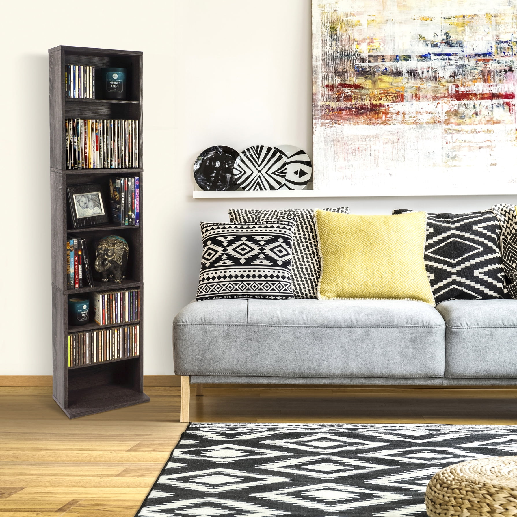 7Tier Tall Narrow Bookcase, Slim Media Tower Rack with Adjustable