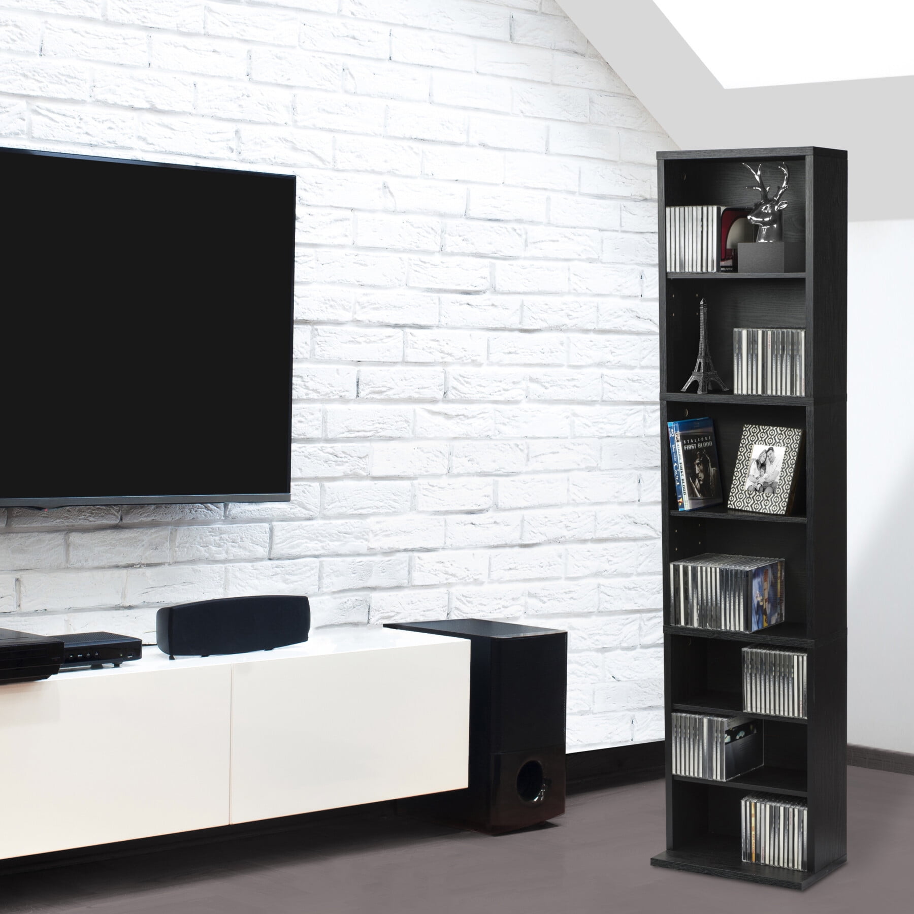 7Tier Tall Narrow Bookcase, Slim Media Tower Rack with Adjustable