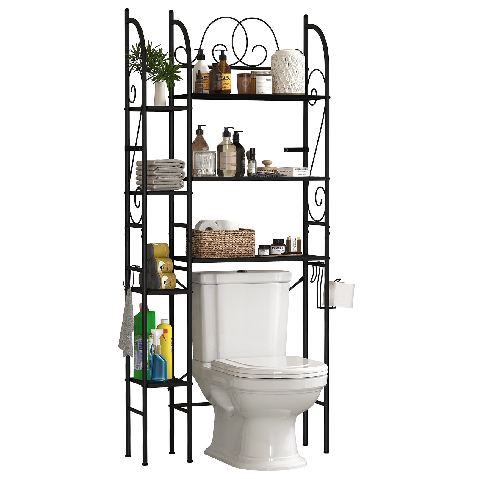 7-Tier Over the Toilet Storage Rack, Heavy-Duty Metal Bathroom Organizer with Adjustable Shelf, Dual Toilet Paper Holders, Side Hooks, Space Saver for Small Bathroom Storage, Black