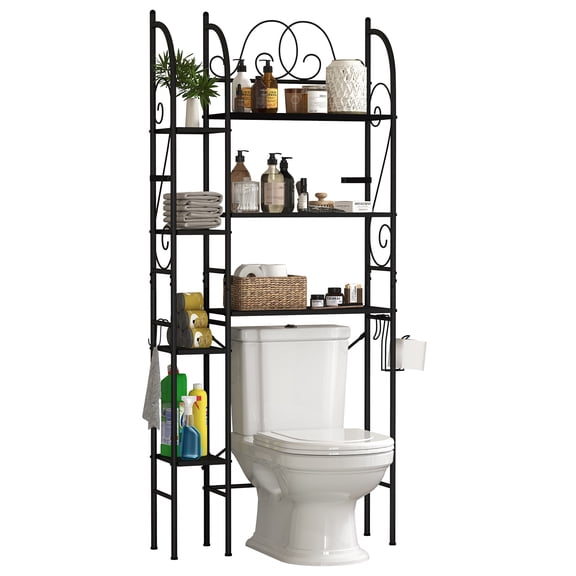 7-Tier Over the Toilet Storage Rack, Heavy-Duty Metal Bathroom Organizer with Adjustable Shelf, Dual Toilet Paper Holders, Side Hooks, Space Saver for Small Bathroom Storage, Black