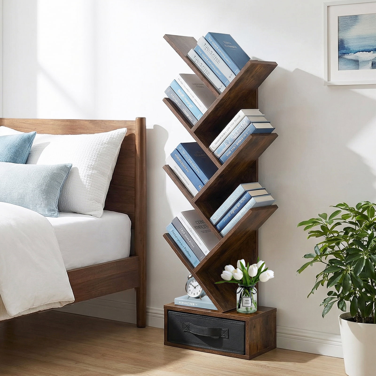 7 Tier Tree Bookshelf, Sturdy Bookcase with Storage Drawer Cabinet, Book Organizer Shelves for Home Office