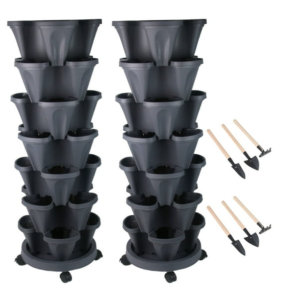 7 Tier Vertical Gardening Stackable Planter for Strawberries, Flowers, Herbs, Vegetables,Dark Gray, 2-Pack