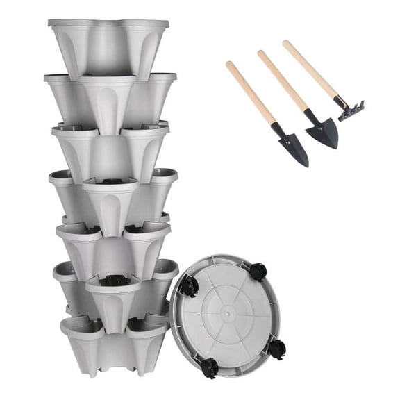 7 Tier Vertical Gardening Stackable Tower Planter for Strawberries,Flowers,Herbs,Vegetables,Gray