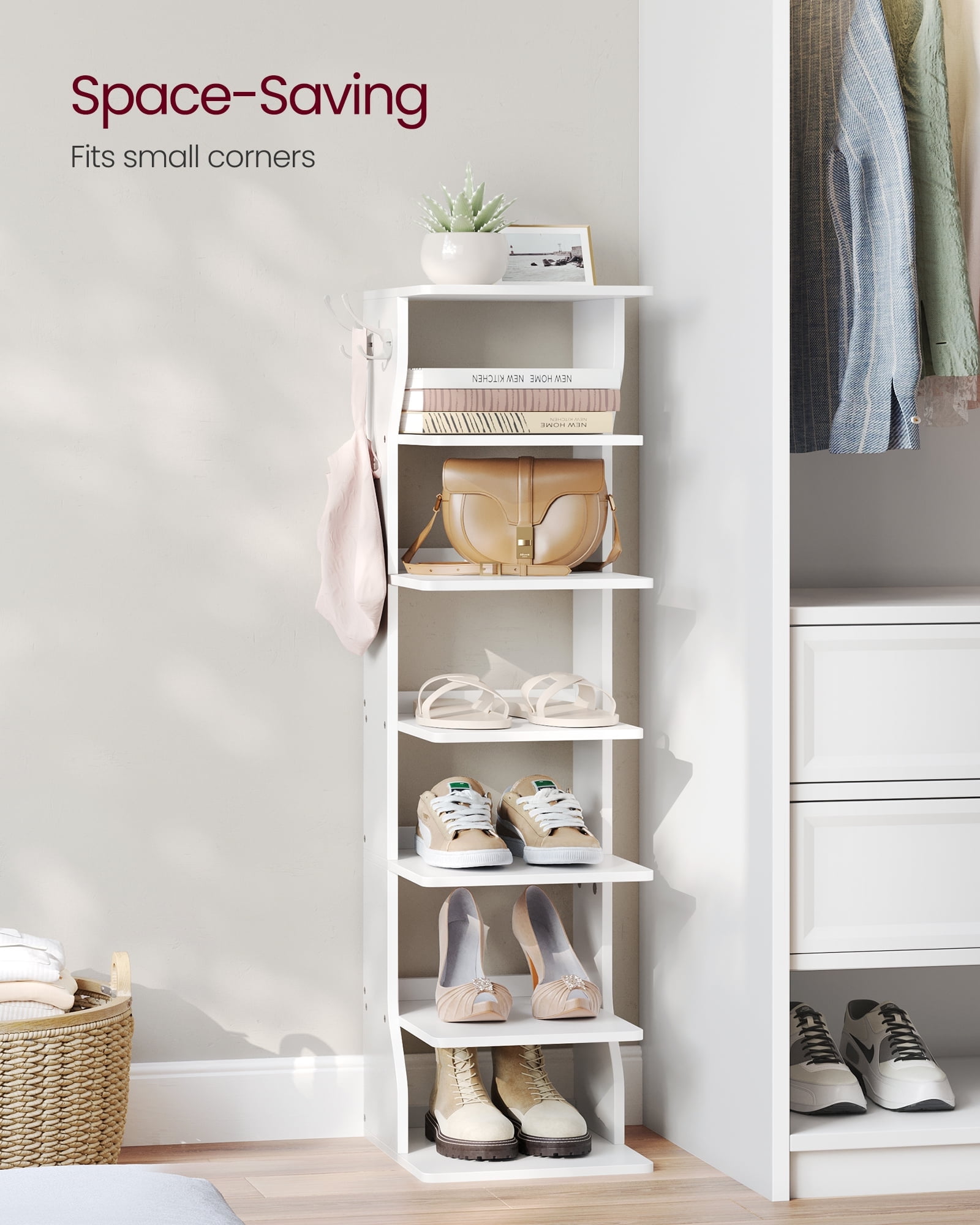 7-Tier Vertical Shoe Rack, 43.5" Tall Narrow Shoe Organizer with 2 Hooks & Anti-Tip Kit, Space-Saving Corner Shelf for Entryway Bedroom, White