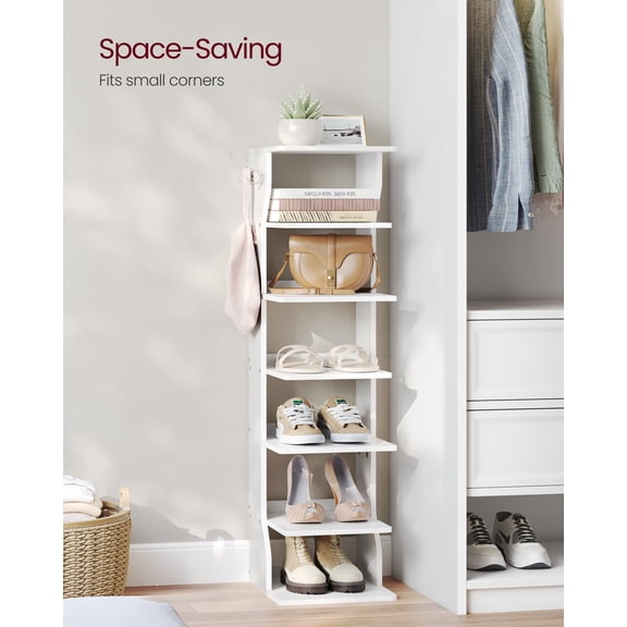 7-Tier Vertical Shoe Rack, 43.5" Tall Narrow Shoe Organizer with 2 Hooks & Anti-Tip Kit, Space-Saving Corner Shelf for Entryway Bedroom, White
