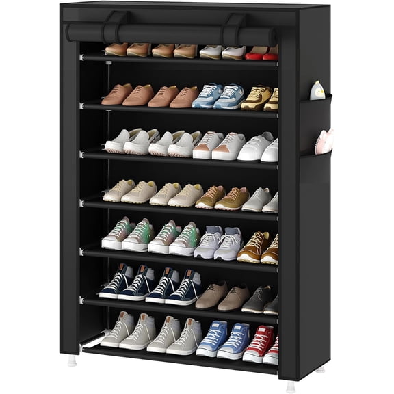 7-Tier Vertical Shoe Rack Organizer, Space Saving Shoe Storage Organizer, Non-Woven Cover Shoe Shelf Holds 28-35Pairs for Bedroom, Hallway, Closet Entryway, Black