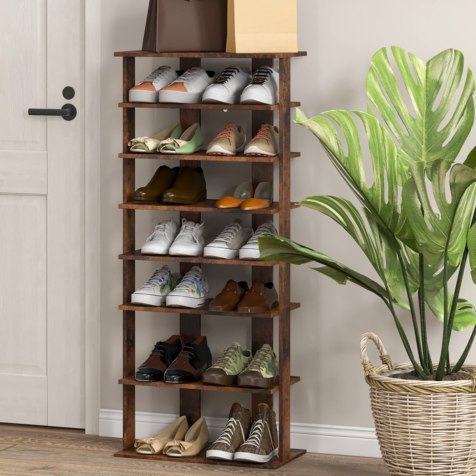 7-Tier Vertical Shoe Rack, Patented Entryway Wooden Double Rows Shoes ...