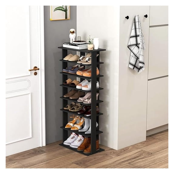 7-Tier Vertical Shoe Rack, Wooden Slim Shoe Storage Shelf, Space-Saving Shelf Tower for Boots, Closet and Entryway (Large, Black)