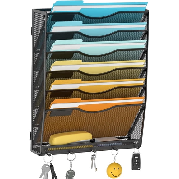 7-Tier Wall File Organizer Hanging Wall File Holder Wall Mount Paper Folder Organizer, Mesh Mail Paper Orgnization Hanging File Folder Holder for Home Office, Black