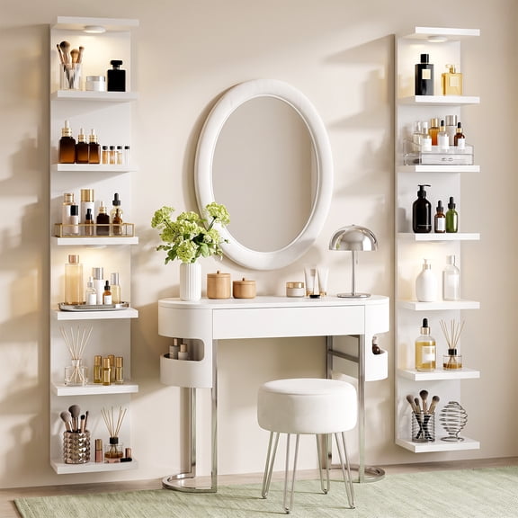 7-Tier Wall Mounted Shelf Unit, White Floating Shelves with LED Lights, Home Decor Organizer and Display Rack