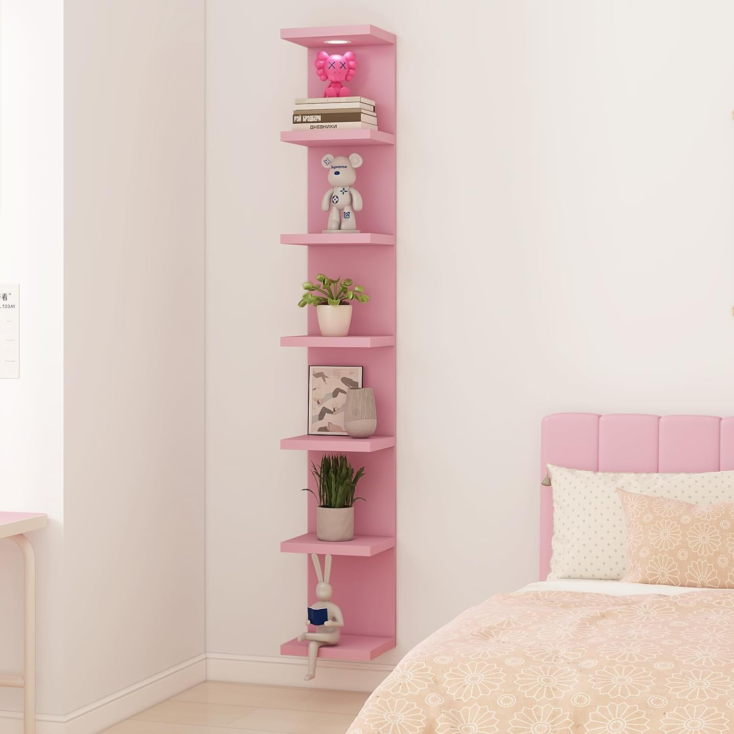 7 Tier Wall Shelf Unit,Pink Lack Wall Shelf,Display Floating Shelf with
