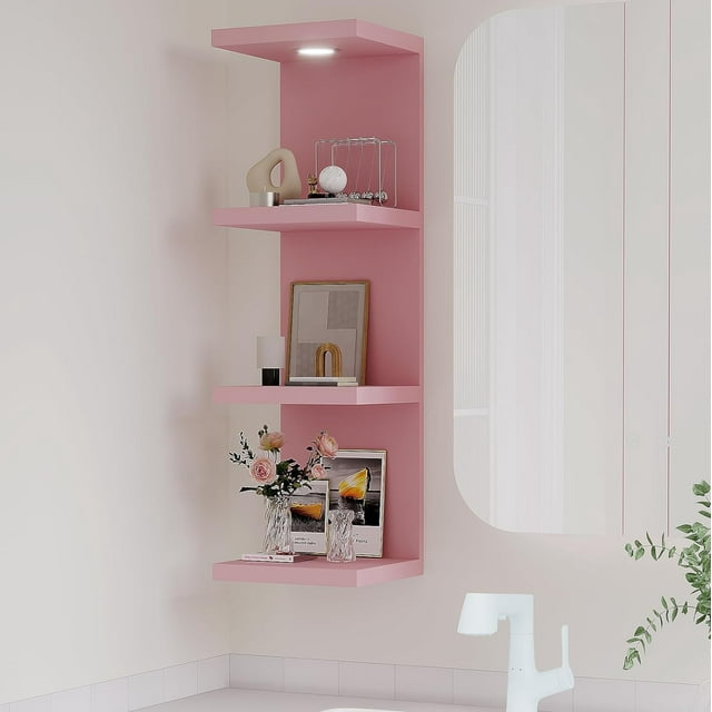 7 Tier Wall Shelf Unit,Pink Lack Wall Shelf,Display Floating Shelf with LED Remote Control Light