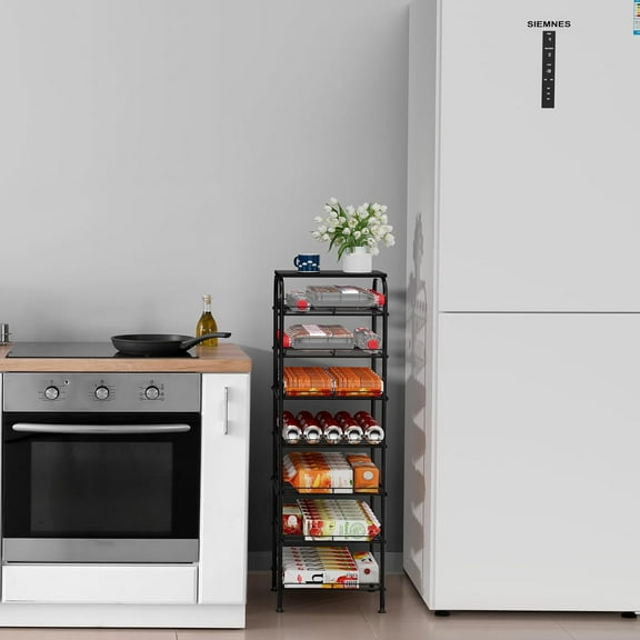 7 Tier Water Bottle Organizer with Storage Shelves, Metal Drink Rack for Kitchen Pantry Office