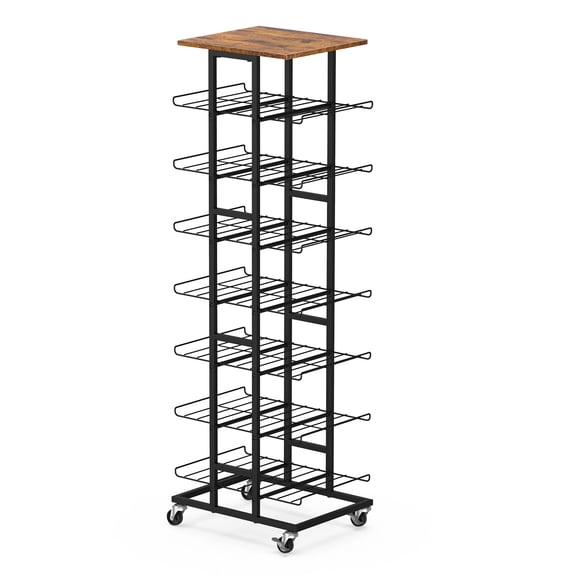 7 Tier Water Bottle Rack with Trolley Shelf, Brown, Rolling Multi-Functional Storage Organizer