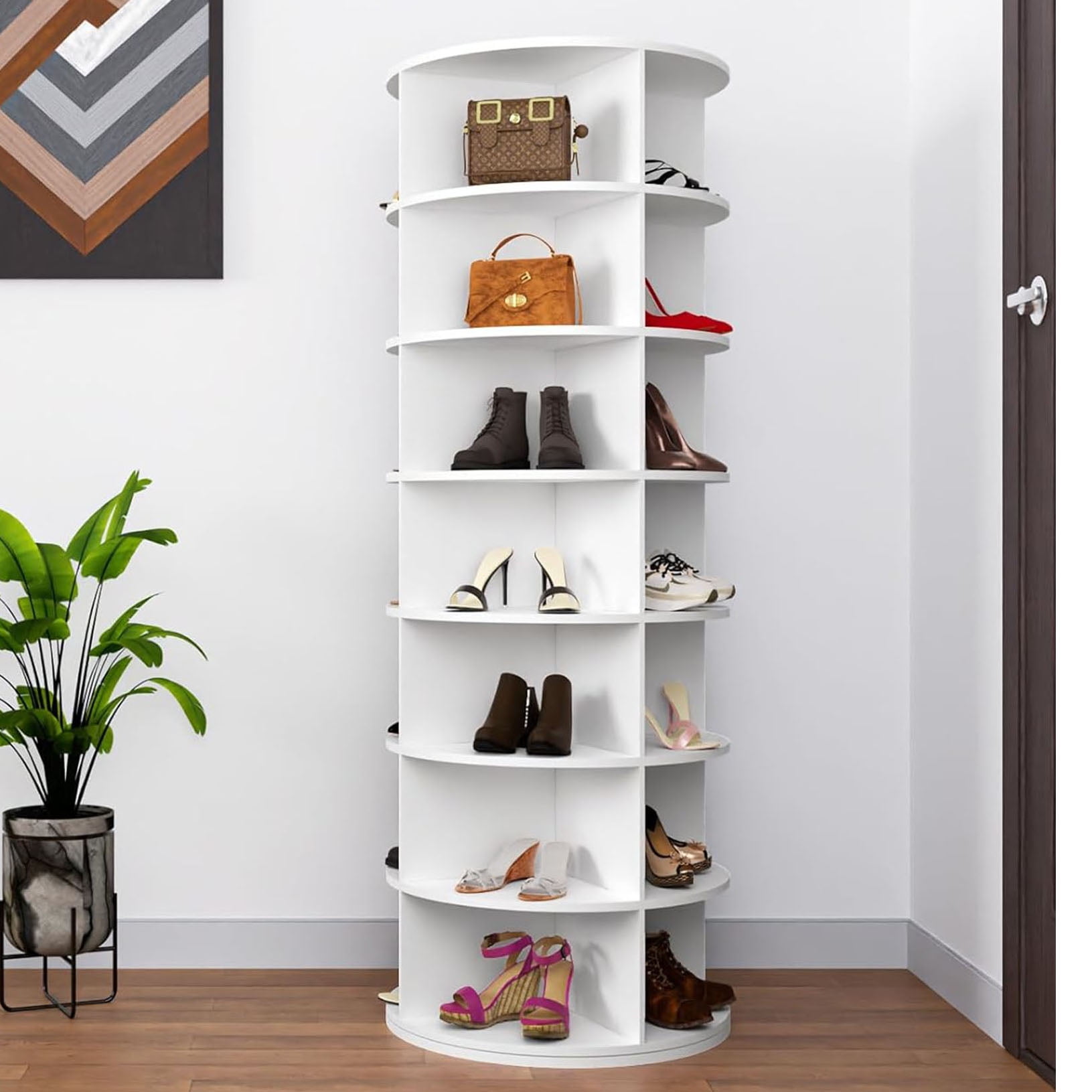 Tier White Rotating Shoe Rack Tower, 360 Degree Spinning Storage