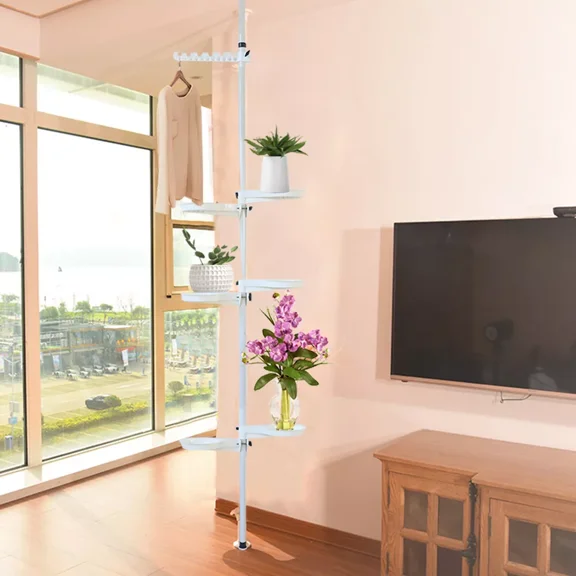 7-Tier Modern Indoor Tension Rod Plant Holder Pole Flower Pot Display Stand White for Living Rooms