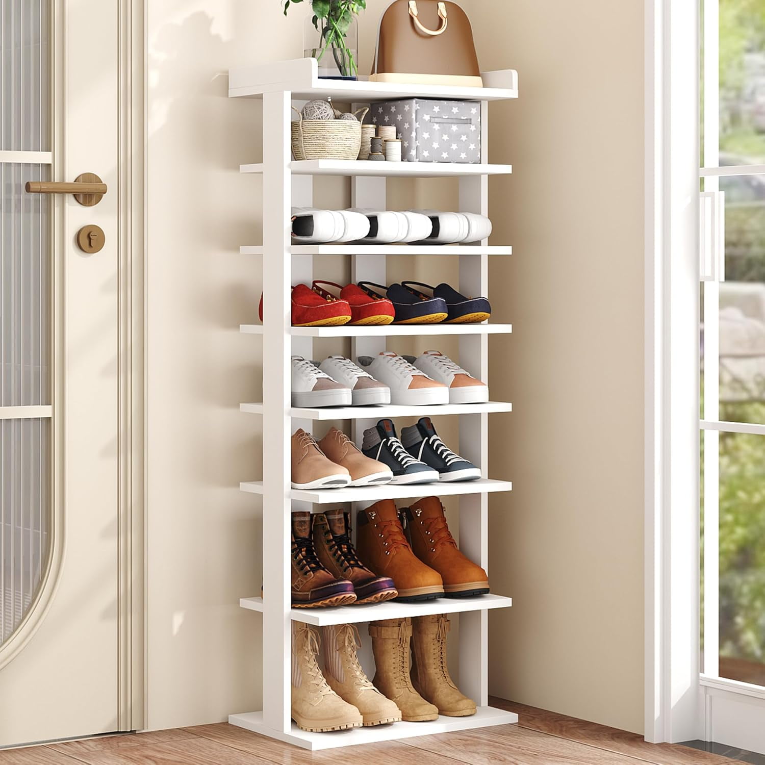 7-Tier Wood Shoe Rack, Double Rows 7-Tier Shoe Shelf, Shoe Storage ...