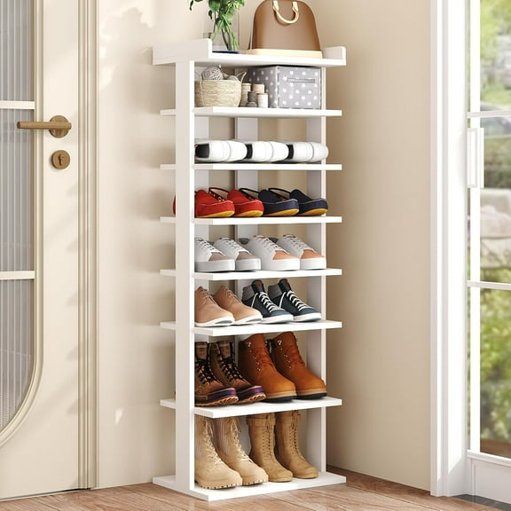 7-Tier Wood Shoe Rack, Double Rows 7-Tier Shoe Shelf, Shoe Storage Stand, Entryway Shoe Tower, Vertical Shoe Organizer Perfect for Narrow Closet, Entryway, Hallway, Bedroom in White