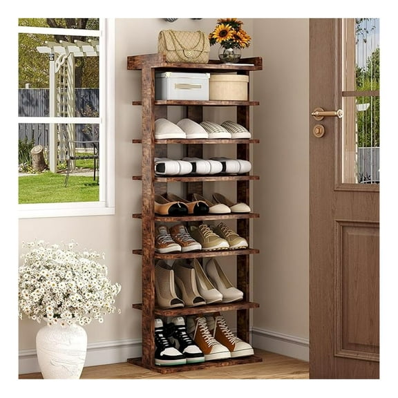 7-Tier Wood Shoe Rack, Double Rows Shoe Shelf, Shoe Storage Stand, Entryway Shoe Tower, Vertical Shoe Organizer for Narrow Closet, Entryway, Hallway, Rustic Brown