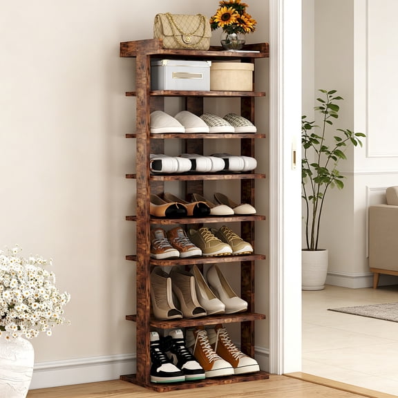 7-Tier Wood Shoe Rack, Double Rows Shoe Shelf, Shoe Storage Stand, Entryway Shoe Tower, Vertical Shoe Organizer for Narrow Closet, Entryway, Hallway, Rustic Brown