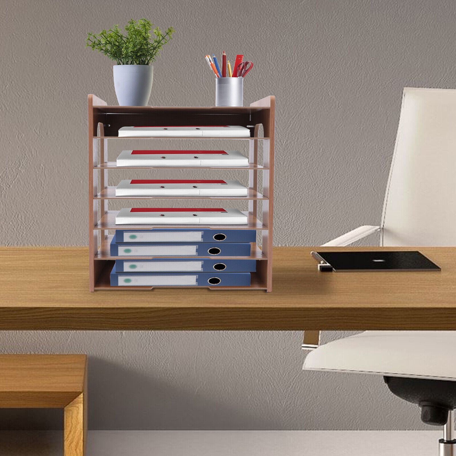 7-Tier Wooden Desktop Organizer Rack, Space Saving, Adjustable File ...